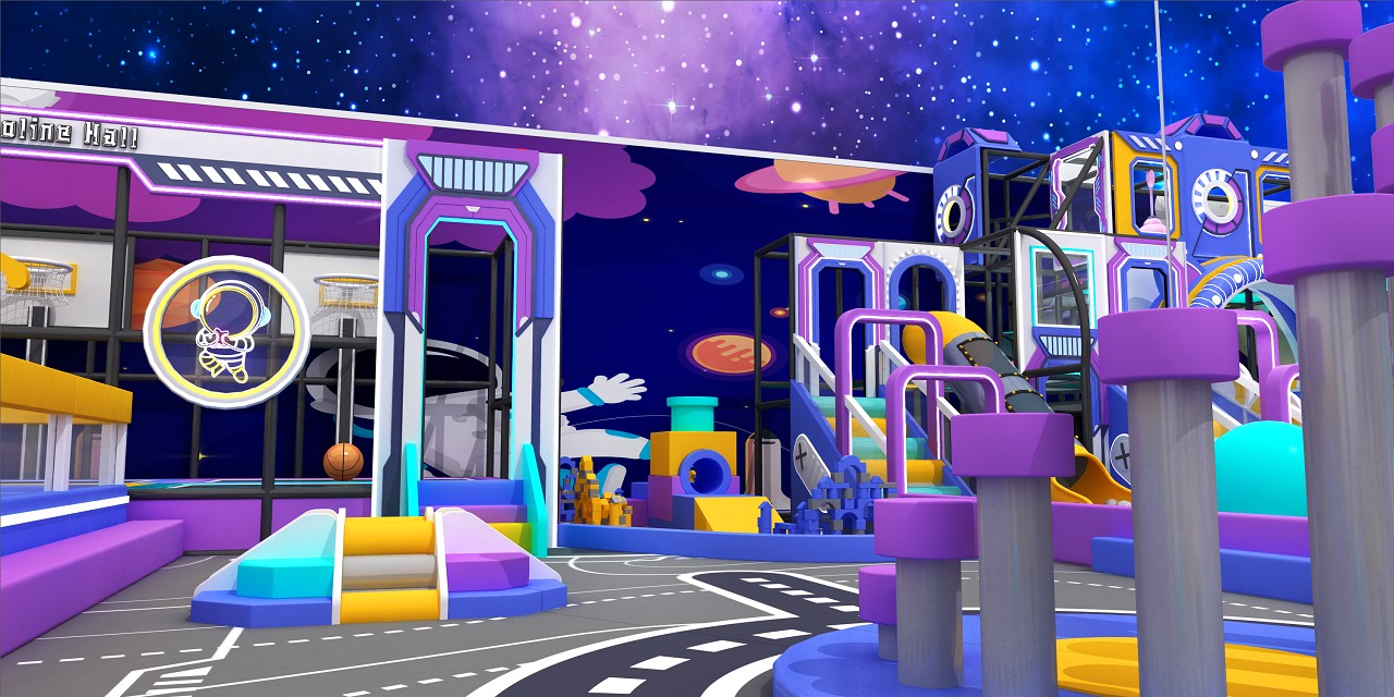 Parco giochi al coperto a tema spaziale con strutture per l'arrampicata e scivoli Area giochi commerciale per bambini