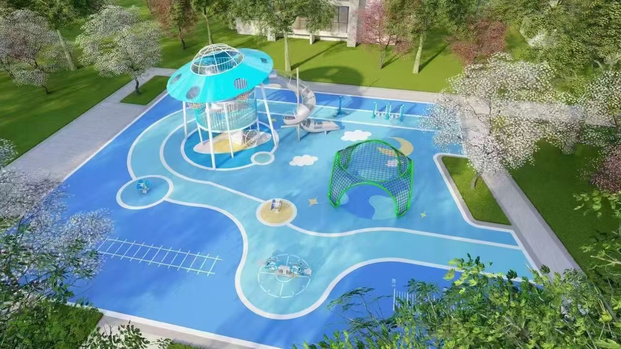 Full view of layout and design of community playground Colorful EPDM flooring with space-themed illustrations