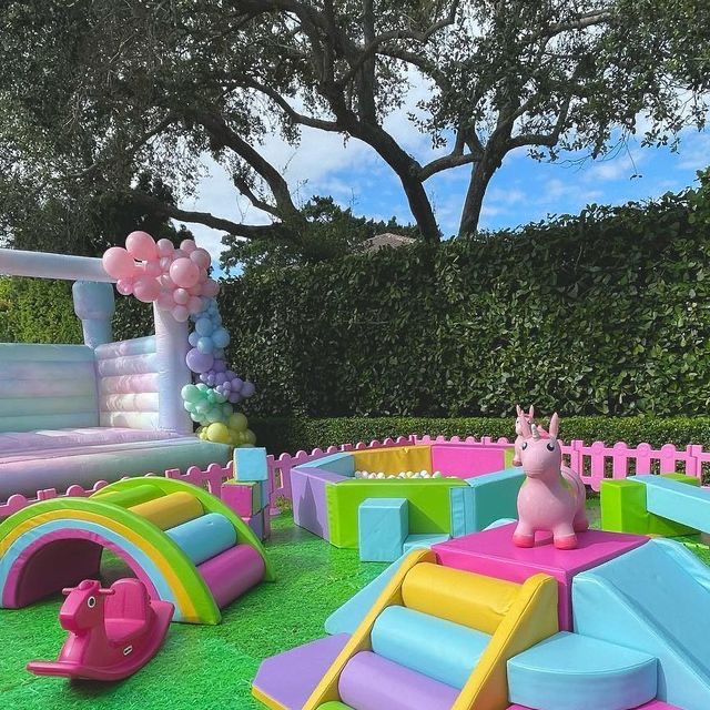 Pastel Rainbow Soft Play Set Outdoor Unicorn Theme Toddler Playground with Bounce House & Ball Pit