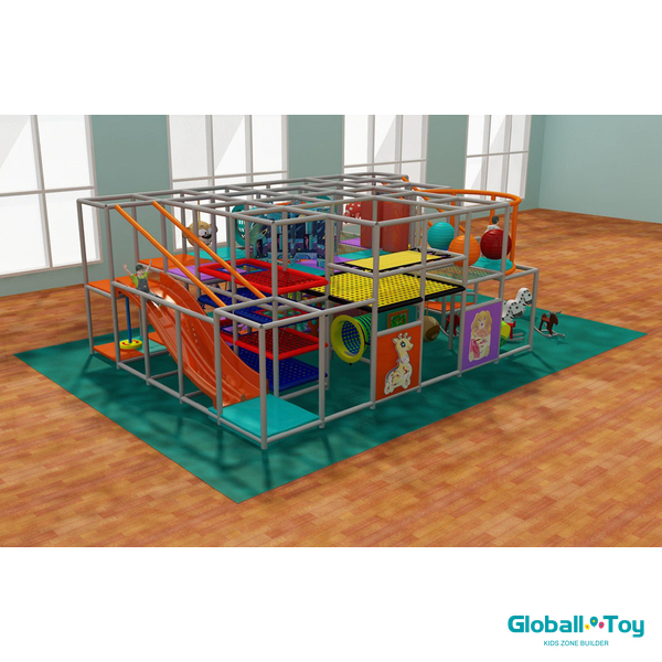 commercial indoor playground with orange spiral slide and climbing obstacles