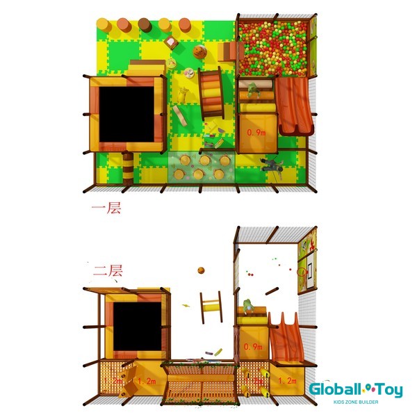two level indoor playground layout with ball pit climbing and foam playhouse