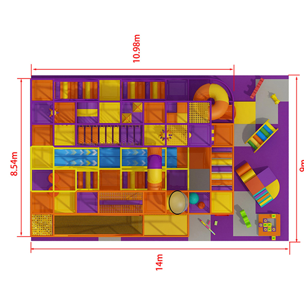 commercial soft play equipment with bright orange purple and yellow design