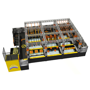 orange and black ninja warrior obstacle park with foam pit and climbing ropes