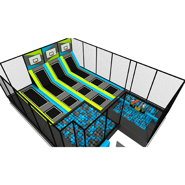 custom indoor trampoline park structure with safety nets and foam pits