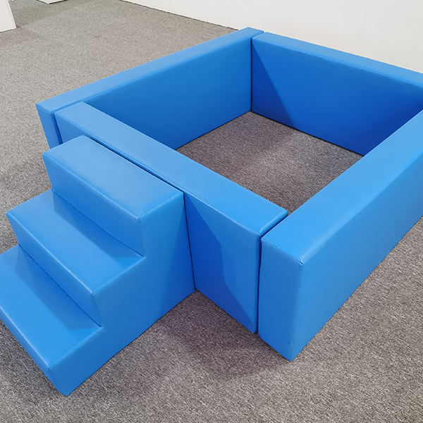 blue soft play ball pit with foam stairs for hire use