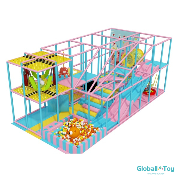 pastel theme indoor playground with slides tunnels and climbing frames