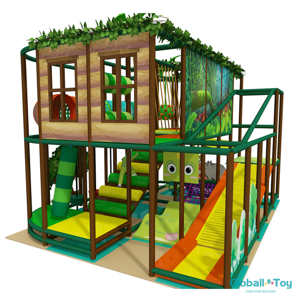 custom design indoor play system with treehouse and rope bridge