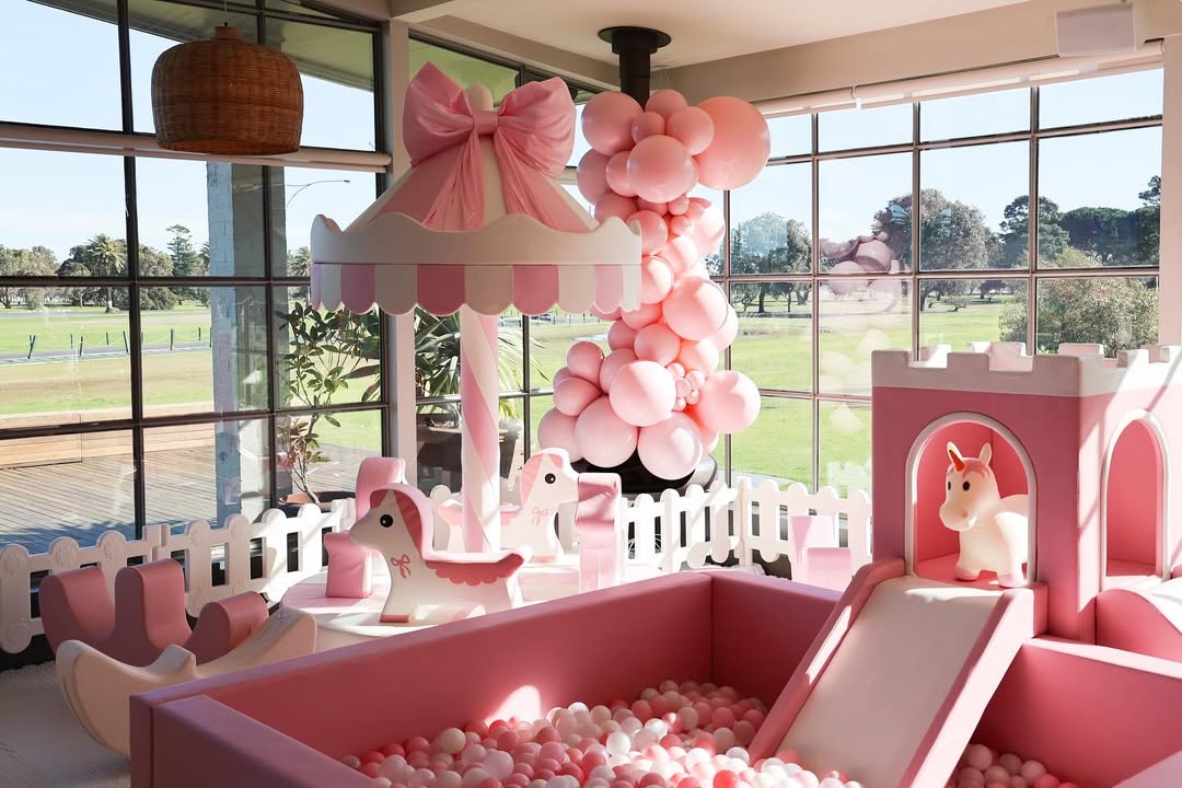 Pink Soft Play Castle Slide Set with Carousels and Pink Bow