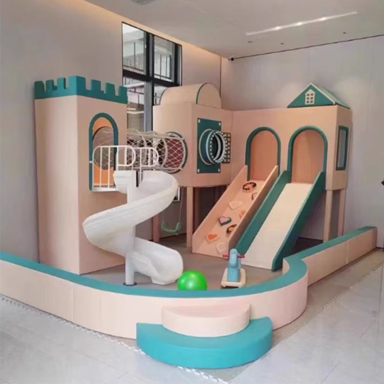 Indoor Soft Play Castle with Spiral Slide, Climbing Wall, and Double Slide for Kids Playroom & Daycare