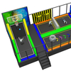 modular trampoline park system with climbing wall and basketball dunk area