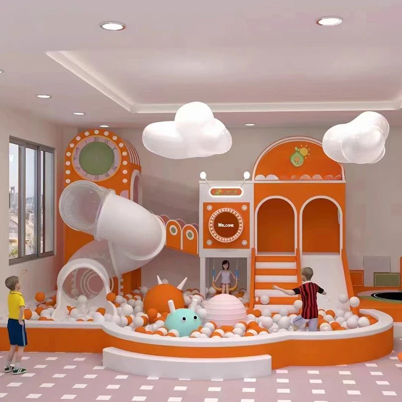 Modern Orange and White Indoor Playground with Slide and Ball Pit Commercial Soft Play Equipment for Kids
