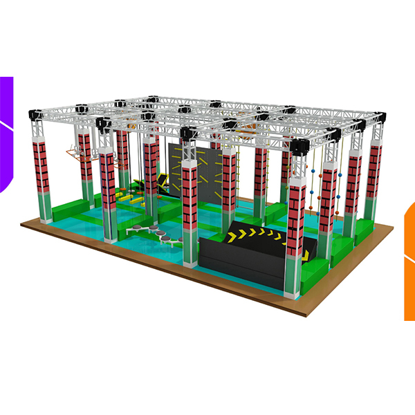 large indoor ninja warrior obstacle course park with warped wall and rope swings