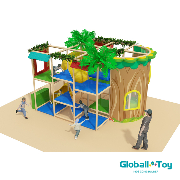 treehouse indoor playground design with spiral tube slide and ball play area