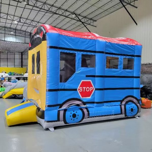 Casa de rebote de autobuses escolares inflables con diapositiva para niños