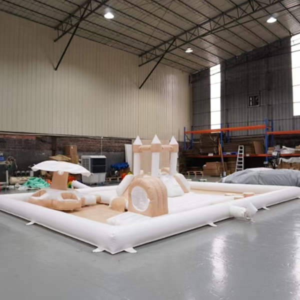 Cream inflatable playground castle with slide and tunnel for kids