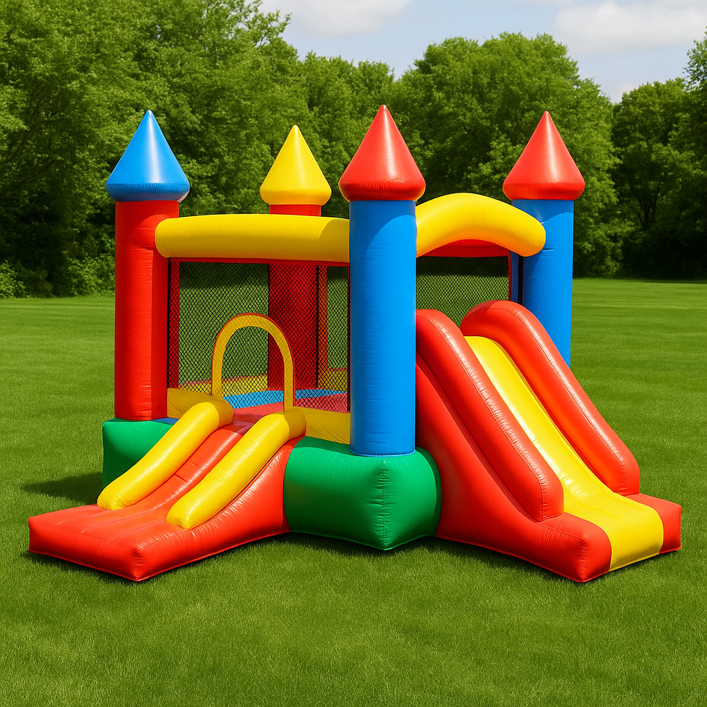 Château de maison de rebond gonflable coloré avec des toboggans doubles sur l'herbe, idéal pour les locations de fête pour enfants et le jeu en plein air