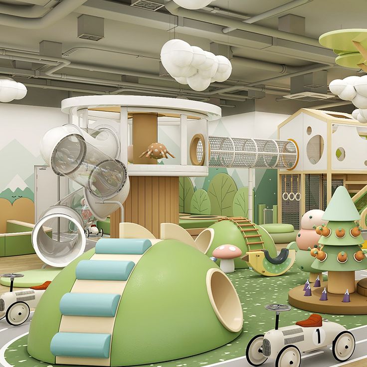 Parque infantil coberto com tema natureza com escorregadores, t&uacute;neis e equipamentos de recrea&ccedil;&atilde;o infantil - &aacute;rea comercial para crian&ccedil;as