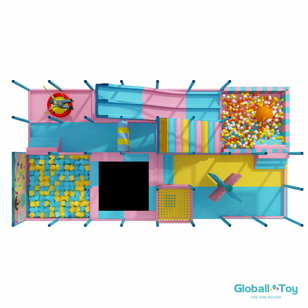 Equipo de juegos interior comercial para niños con pozo de espuma y área de trampolín.