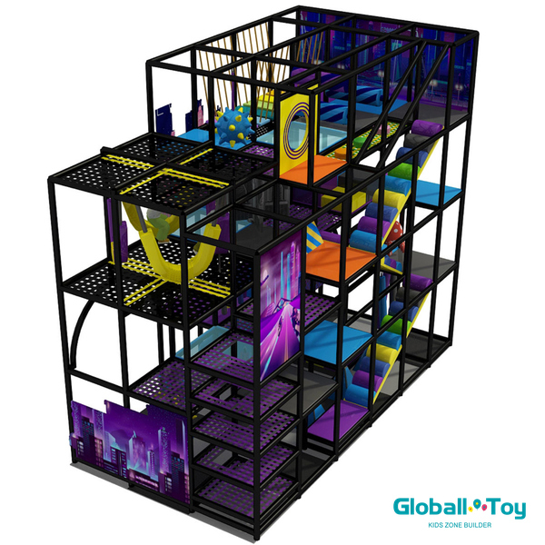 urban city theme indoor playground with triple slide and suspension bridge