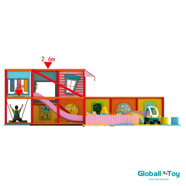 centro de entretenimiento familiar sistema de juego interior en colores pastel con carrera de obstáculos