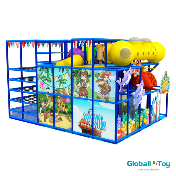 pista de obstáculos piratas para creche com equipamentos de espuma e túneis