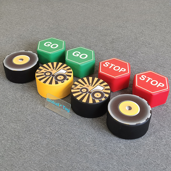 Colorful soft seating blocks with traffic symbols and wheels