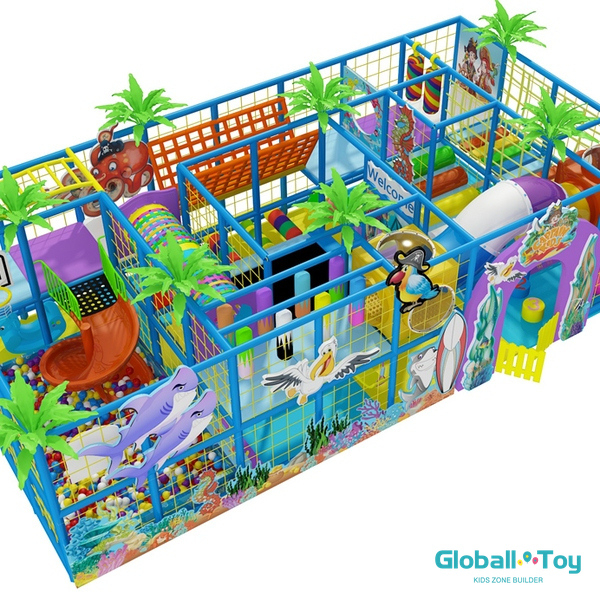 ocean theme indoor playground with ball pit slide and climbing tunnels
