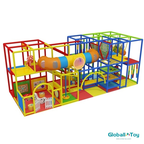 commercial indoor playground design with tunnel slide and climbing net