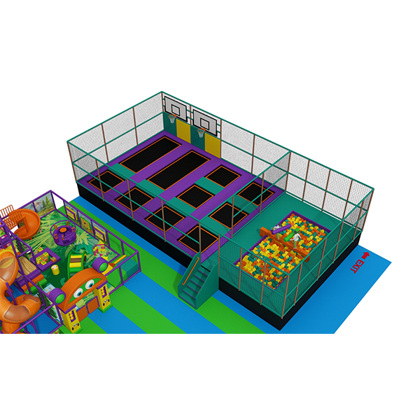 commercial trampoline park play zone with foam pit and basketball area