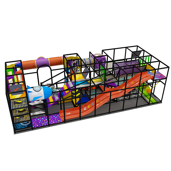 colorful indoor playground design with rocket tunnel slides and foam pit