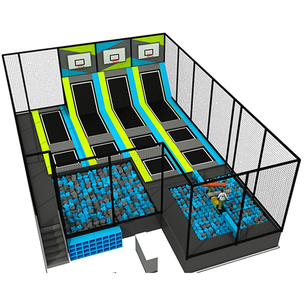 indoor trampoline park with foam pit and basketball slam dunk zone for gyms and play centers