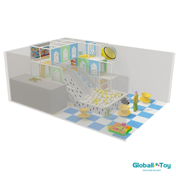 small indoor playground with double slide and ball pit for toddlers