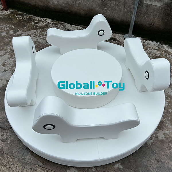 Soft ride-on pony seats with central rotating base for toddlers