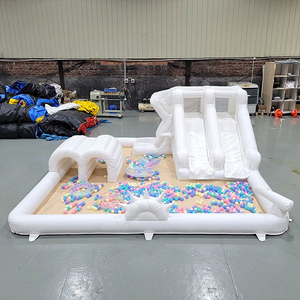 White inflatable bouncy castle with twin slide and ball pool