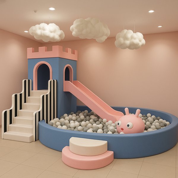 Soft Play Castle Ball Pit Slide Rental Set - Pastel Pink & Blue Indoor Playground Equipment for Kids Party Rentals