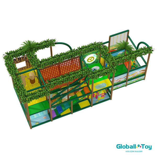 compact rainforest indoor play structure with double wide slide for toddlers