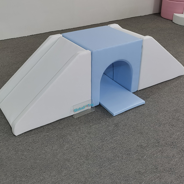 Blue and white soft play tunnel and slide set for kids