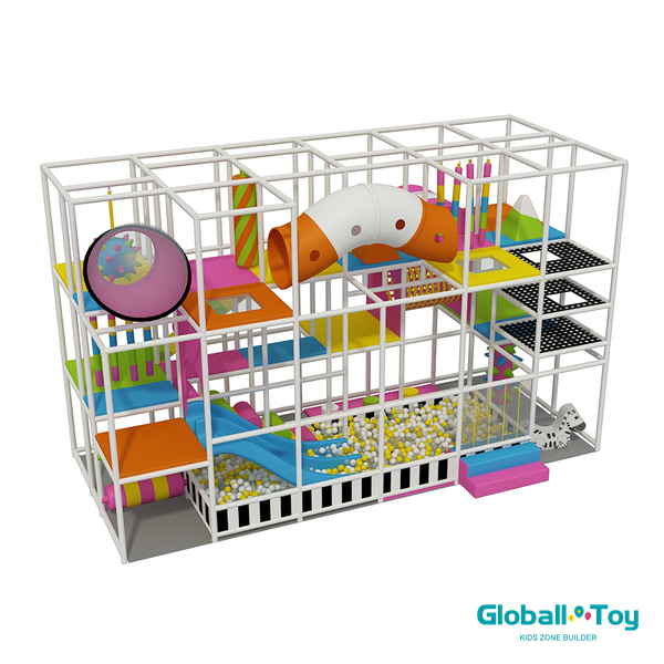 commercial indoor play equipment 3 level design with tunnel and climbing net