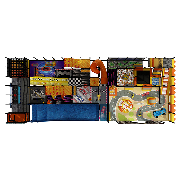 commercial racing indoor playground with spiral slides and ball pit area