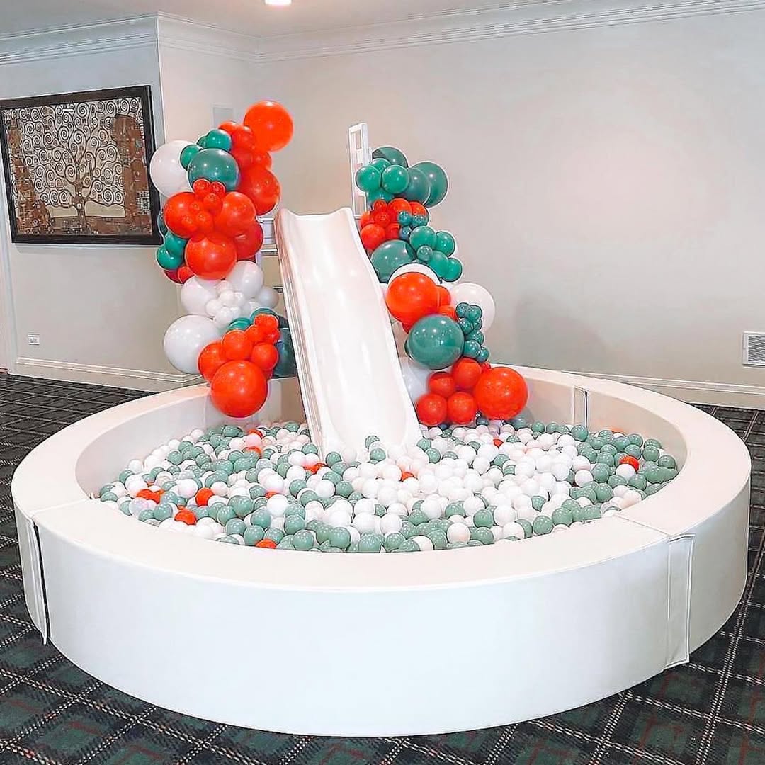 White Round Ball Pit with Slide and Balloon Decoration Toddler Indoor Play Equipment