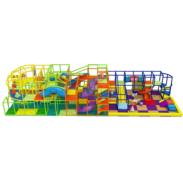colorful modular play structure with climbing frames and foam obstacles for children