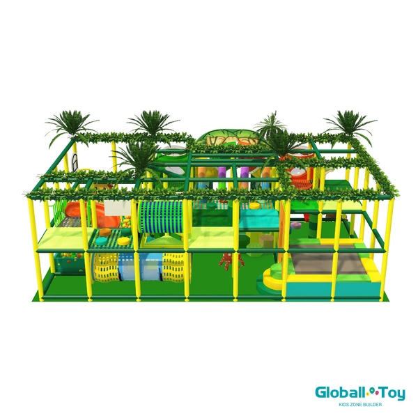 jungle theme indoor playground with spiral slide and ball pit
