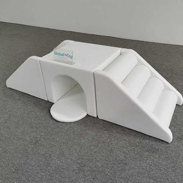 White soft play tunnel with climbing steps for toddlers