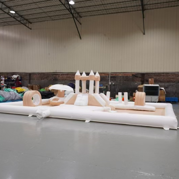 Soft play cream color inflatable park with mushroom umbrella feature