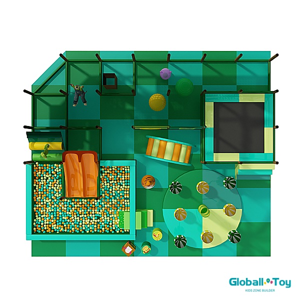 Parque infantil cubierto con temática de la jungla, tobogán de bolas y trampolín