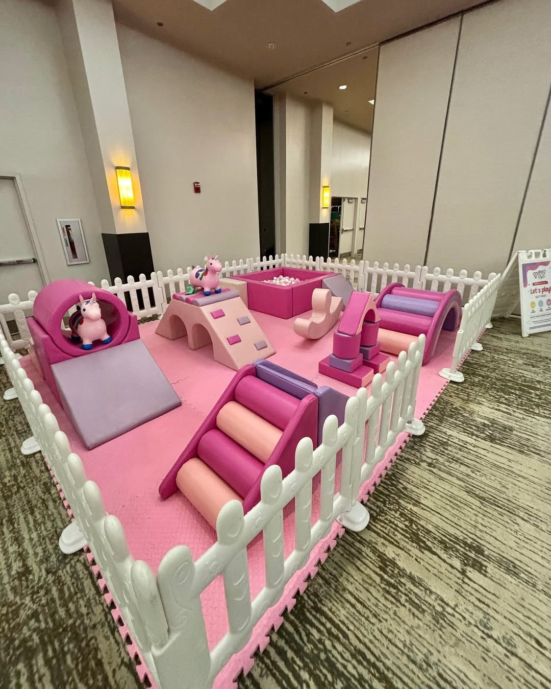 Pink Unicorn Soft Play Area with Slides, Climbers, and Ball Pit for Indoor Kids Events