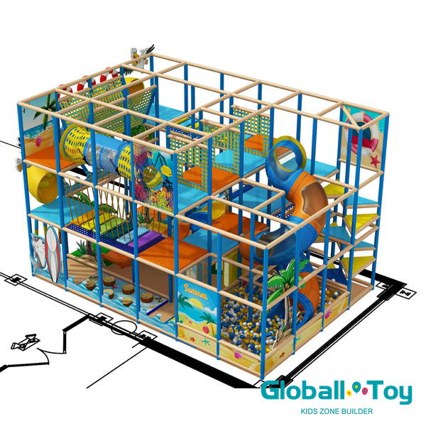 ocean theme indoor playground with spiral tube slide and ball pit for kids