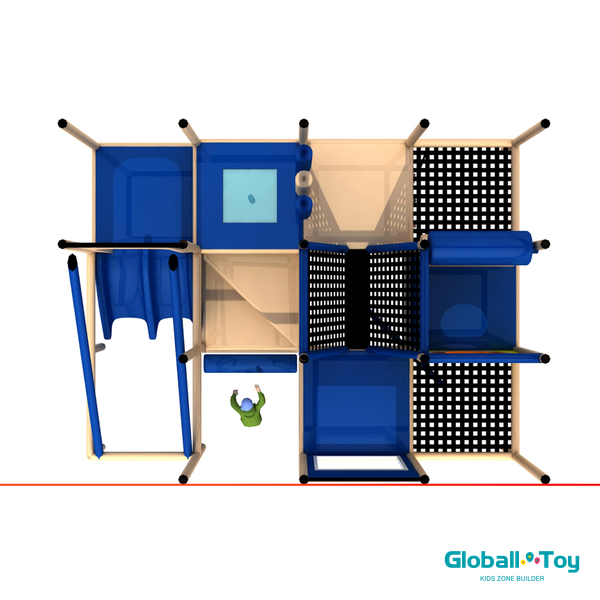 Estructura comercial de juegos para niños con tubo de túnel y paneles de actividades.