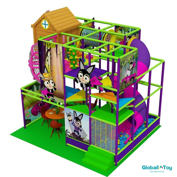 custom two level indoor play structure manufacturer with net bridge and tunnel slide