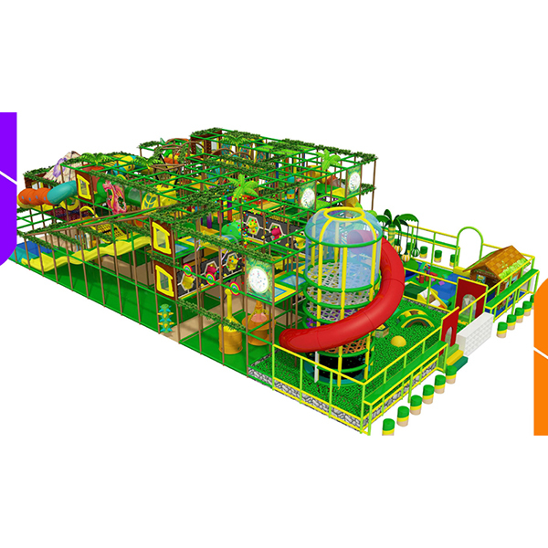 rainforest theme indoor play structure with rope bridges and spiral slides for toddlers